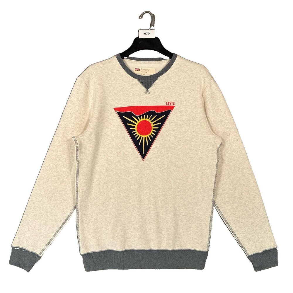 Levi's Sweatshirt Mens M Sun Graphic Triangle Fleece Crewneck Pullover Oatmeal